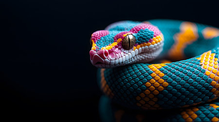 This close-up image captures a vibrant snake coiled elegantly, highlighting its striking colors and textures. The background is solid black, emphasizing the snake's vivid patterns.の素材