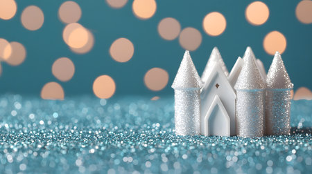 A stunning ice castle, adorned with shimmering details, is illuminated by soft glowing lights behind it. The scene exudes a festive atmosphere with delicate sparkling surroundings.の素材