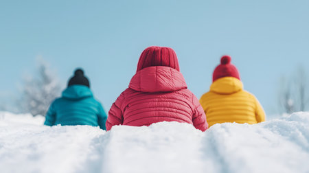 Three kids in colorful winter jackets sledding down a snowy hill, laughing in joyful anticipation. The clear blue sky and snow create a festive, playful atmosphere filled with excitement.の素材