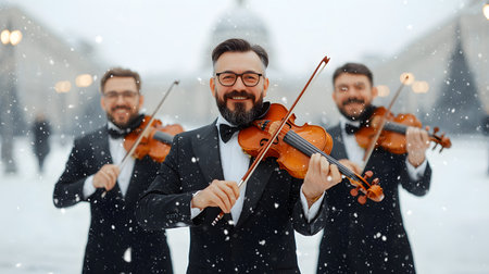 Three smiling violinists in tuxedos play music joyfully while snow falls gently around them, creating a festive, warm atmosphere amidst a cold winter backdrop, enhancing the scene.の素材