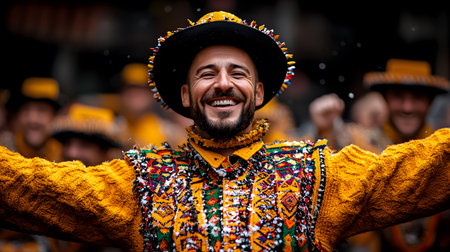 A joyful folk dancer in an ornate, colorful outfit smiles broadly, embodying tradition and festivity. The background features other dancers, contributing to a lively atmosphere.の素材