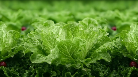 A close-up view of vibrant green lettuce leaves, glistening with moisture. The background is blurred, creating a lush, fresh ambiance that evokes natural beauty. Ideal for healthy meals.の素材