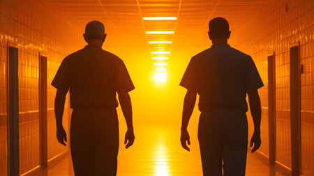 Silhouette of two business people walking in the corridor at sunriseの素材