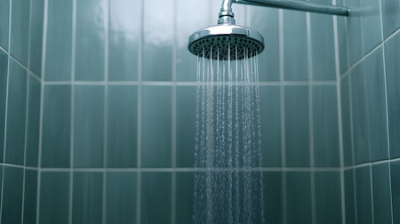 The image showcases a modern showerhead releasing water in a gentle cascade. The tiled background is solid, creating a soothing atmosphere ideal for relaxation after a long day.の素材