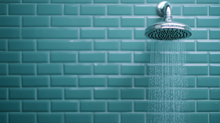 A sleek, chrome showerhead sprays water in a sparkling clean bathroom with turquoise tile backdrop, enhancing relaxation and hygiene. The atmosphere feels refreshing and inviting.の素材