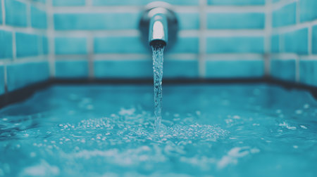 A stunning silver faucet pours clear water into a calm, blue surface, creating ripples and bubbles. The background features a refreshing, vibrant tile pattern. Transparent.の素材