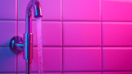 This image features a shining silver faucet with water flowing down. The background is a gradient of pink tones, adding a vibrant atmosphere. The setting feels modern and dynamic.の素材