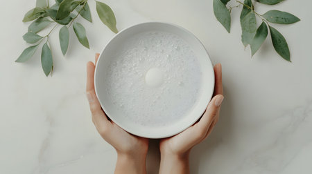 Two hands gently cradle a bowl filled with foamy soap, surrounded by fresh green leaves on a soft surface. The atmosphere is calm and inviting, with serene colors elevating the mood.の素材