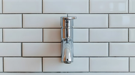 A stylish chrome faucet is centrally placed on a pristine wall of white subway tiles, exuding elegance. The clean lines and shine create a contemporary atmosphere in the bathroom.の素材