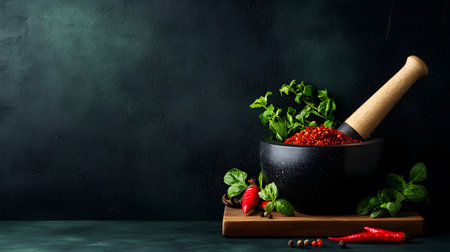 A dark background enhances a mortar filled with red spices and fresh herbs, evoking a rich culinary tradition. The atmosphere is serene, inviting creativity in cooking.の素材