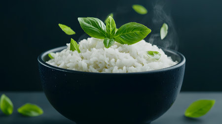 A steaming bowl of white rice topped with vibrant Thai basil leaves. The rich green contrast enhances the rice's allure. The background is dark, emphasizing the dish's appeal and freshness.の素材