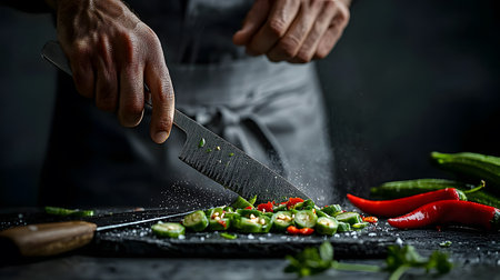 A chef skillfully slices fresh green okra and red chili peppers on a cutting board with focus. The background appears dark, creating a dramatic culinary atmosphere filled with excitement.の素材