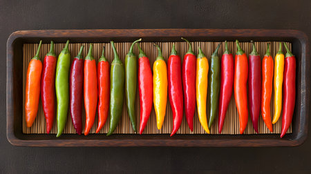 A vibrant row of fresh chilies arranged in a bamboo tray, showcasing an array of colors from red to yellow. The background is a dark surface, emphasizing their vivid hues and freshness.の素材