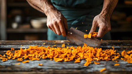 Close-up of hands shredding bright orange jackfruit pieces on a wooden surface. The kitchen background appears blurred, emphasizing the focused action and culinary atmosphere.の素材