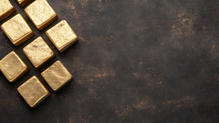 The image showcases glossy golden soy protein chunks arranged artfully on a dark textured surface. The background is solid, enhancing the vibrant appearance of the chunks.の素材