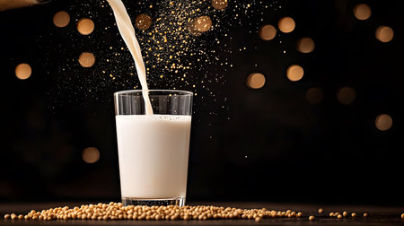 A rich, flowing stream of golden soy milk is poured into a glass, surrounded by scattered soybeans. The backdrop is dark, creating a warm and inviting atmosphere with brilliant splashes.の素材