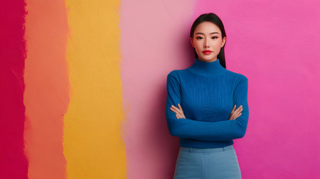 A confident Asian female developer stands with crossed arms in front of a colorful painted background, radiating professionalism and assurance. The tone is vibrant and engaging.の素材