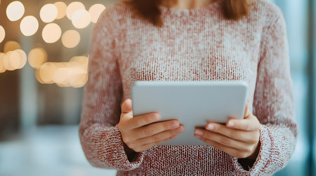A woman in a cozy sweater holds a tablet, analyzing cybersecurity data with intent. The atmosphere is calm, enhanced by soft, blurred background lights evoking innovation.の素材