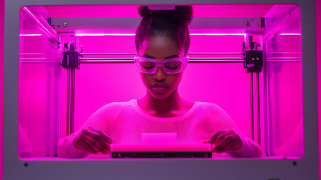 A focused woman with protective glasses works on a 3D printer. The background is softly lit in pink, enhancing innovation. Her concentration showcases creativity and modern technology.の素材