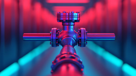 This image highlights a close-up view of a refinery valve, prominently featuring vibrant hues and intricate designs. Its metallic surface glimmers, set against a blurred neon background.の素材