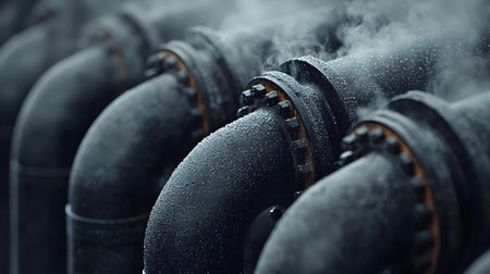A close-up view of dark metallic pipes with visible droplets and steam rising, creating a moody atmosphere of an industrial setting, emphasizing the power of machinery.の素材