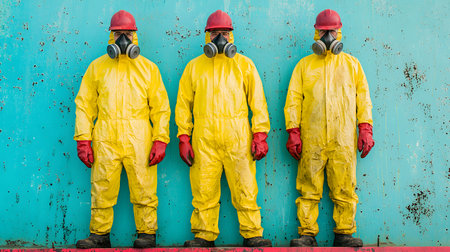 Three workers, clad in yellow protective suits with red gloves and helmets, stand against a teal wall. They exhibit a serious demeanor, prepared for a safety inspection process.の素材