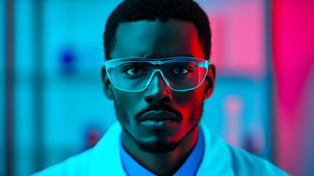 A determined scientist, wearing glasses and a lab coat, gazes intensely, surrounded by colorful lab equipment. The atmosphere suggests focus, innovation, and dedication to biofuel studies.の素材