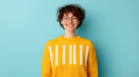 A smiling young person with curly hair wears a bright yellow sweater, radiating positivity in front of a solid blue background, creating a cheerful and inviting atmosphere.の素材