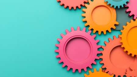 An array of colorful gears rests against a teal background, showcasing dynamic shapes and inviting curiosity. The arrangement suggests movement and organization in a playful way.の素材