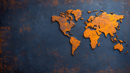 The image features a textured world map in vibrant orange against a dark, rustic background. The map is detailed, adding depth to the artwork, conveying a global connection.の素材
