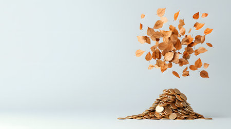 This surreal image features a large pile of golden coins with floating autumn leaves above, suggesting change. The background is solid color, contributing to the tranquil atmosphere.の素材