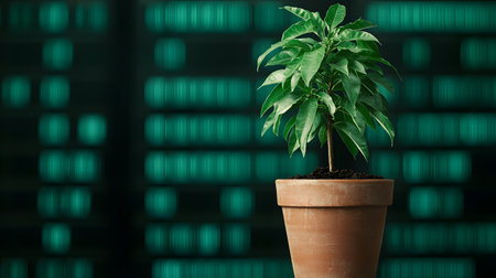This vibrant green plant grows in a terracotta pot, contrasting strikingly against a blurred digital backdrop, creating a serene atmosphere of nature amidst technology.の素材