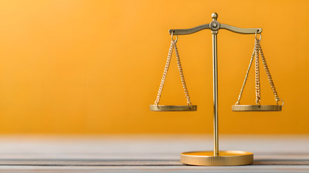 A golden balance scale elegantly displays equilibrium, emphasizing justice and fairness with a solid orange background. It captures the essence of balanced financial judgment.の素材