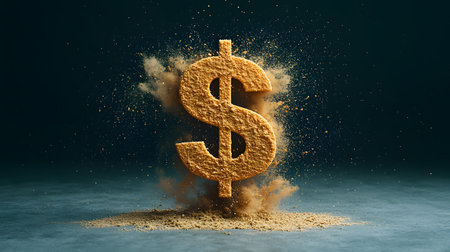 A golden dollar sign appears to erupt from sand, with particles flying around it, creating an intense atmosphere. The background is dark, emphasizing the subject's impact and symbolism.の素材