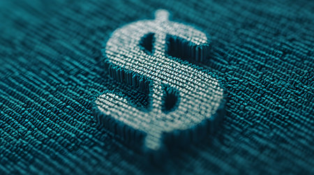 The image showcases a prominent dollar symbol, textured and stylized, set against a rich blue background. Its abstract shape evokes feelings of finance and value in a unique portrayal.の素材