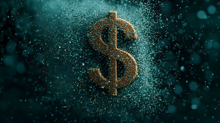 A shimmering dollar symbol appears amidst a cascade of sparkling particles, evoking wealth and dreams. The background is dark and mysterious, creating an atmosphere of intrigue and excitement.の素材