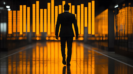 A silhouetted businessman in a suit walks confidently towards vibrant orange metrics, reflecting on a polished floor. The background shows an energetic atmosphere, suggesting growth.の素材