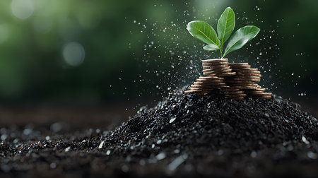 A small plant sprouts from a pile of coins, accented by rich soil. Water droplets scatter, enhancing the atmosphere of growth. Background is blurred, evoking a sense of serenity.の素材