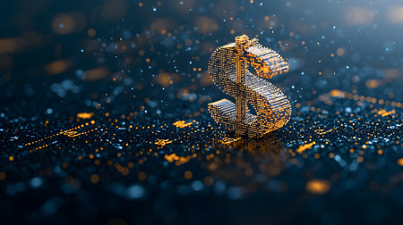 A vibrant holographic dollar sign spirals upwards, surrounded by glimmering lights and sparkling effects. The background appears dark with colorful bokeh, enhancing a futuristic atmosphere.の素材