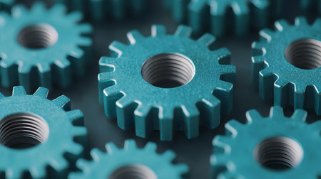A close-up of teal gears with intricate details and visible threads, arranged in a circular pattern, evoking a sense of engineering precision in a light, modern atmosphere.の素材