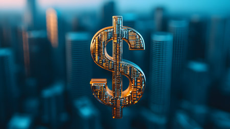 An artistic representation of city streets shaped like a golden dollar sign, surrounded by skyscrapers. The cityscape exudes a modern, tech-savvy atmosphere, highlighting wealth.の素材