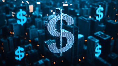 The image showcases an aerial perspective of city streets forming a dollar symbol amidst urban buildings, illuminated with glowing lights. The atmosphere feels modern and dynamic.の素材