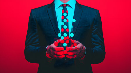 A well-dressed investor is presenting a hovering holographic chart, showcasing fluctuating data. The striking red background adds intensity to the financial atmosphere and emotion.の素材