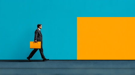 A businessman in a suit strides purposefully, holding a bright yellow briefcase against a teal wall. The modern setting conveys determination and ambition in a progressive atmosphere.の素材