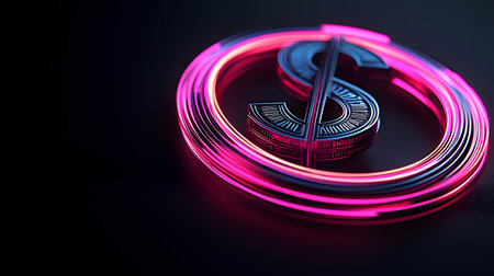 A vibrant dollar sign floats in the center, radiating colorful neon light on a deep black background. The image evokes feelings of attraction and excitement, showcasing wealth's allure.の素材