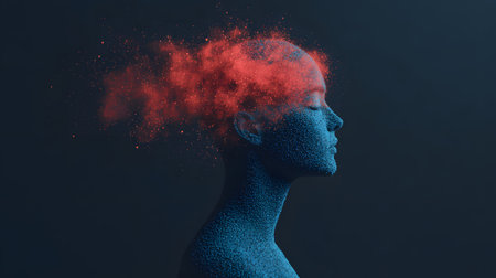 A surreal side profile of a blue textured figure, crowned by a vibrant red cloud, symbolizing thoughts. Background appears dark and mysterious, enhancing the contemplative atmosphere.の素材