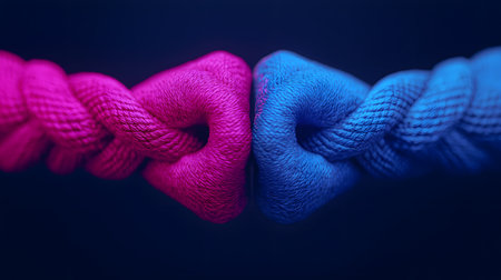 Two vibrant knots in pink and blue interconnect against a dark background, symbolizing unity and strength. The dynamic colors evoke an energizing and harmonious atmosphere filled with emotion.の素材