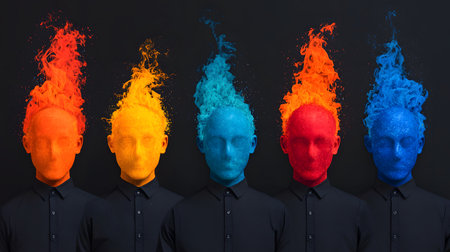 Five head sculptures with colorful flame-like aura in red, orange, yellow, blue, and black background create a vibrant, intense atmosphere symbolizing creativity and passion.の素材