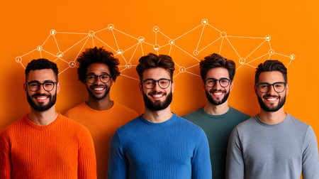 Five diverse men stand closely together with smiles, wearing colorful sweaters on a solid orange background. Joyful expressions reflect a sense of camaraderie and connection.の素材