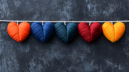 Six colorful heart-shaped yarns in orange, blue, teal, red, and yellow hang on a twine over a dark textured backdrop, radiating warmth and creativity in distinct colors.の素材